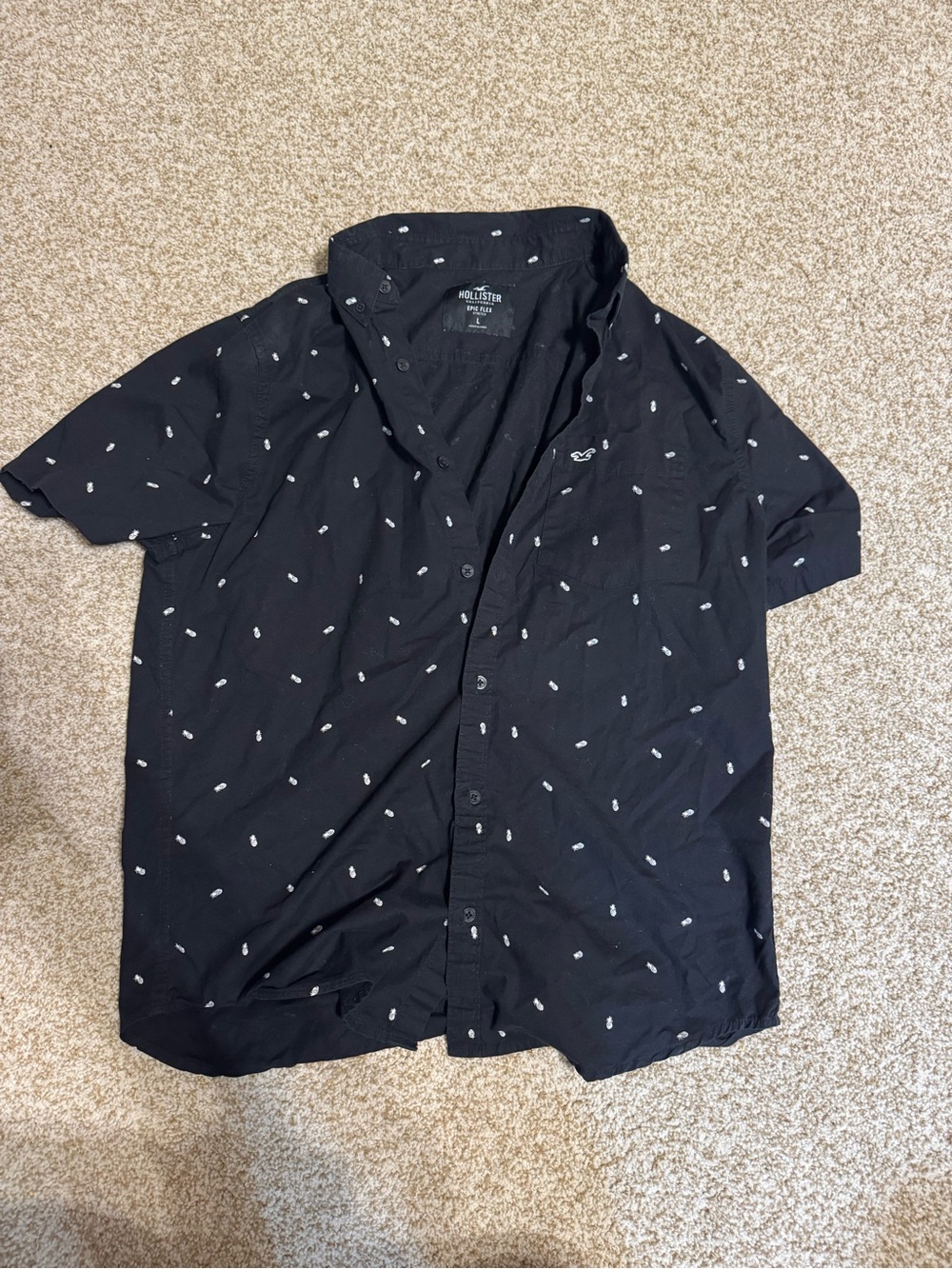 Hollister Black Short Sleeve Button-Up with White Micro Pattern